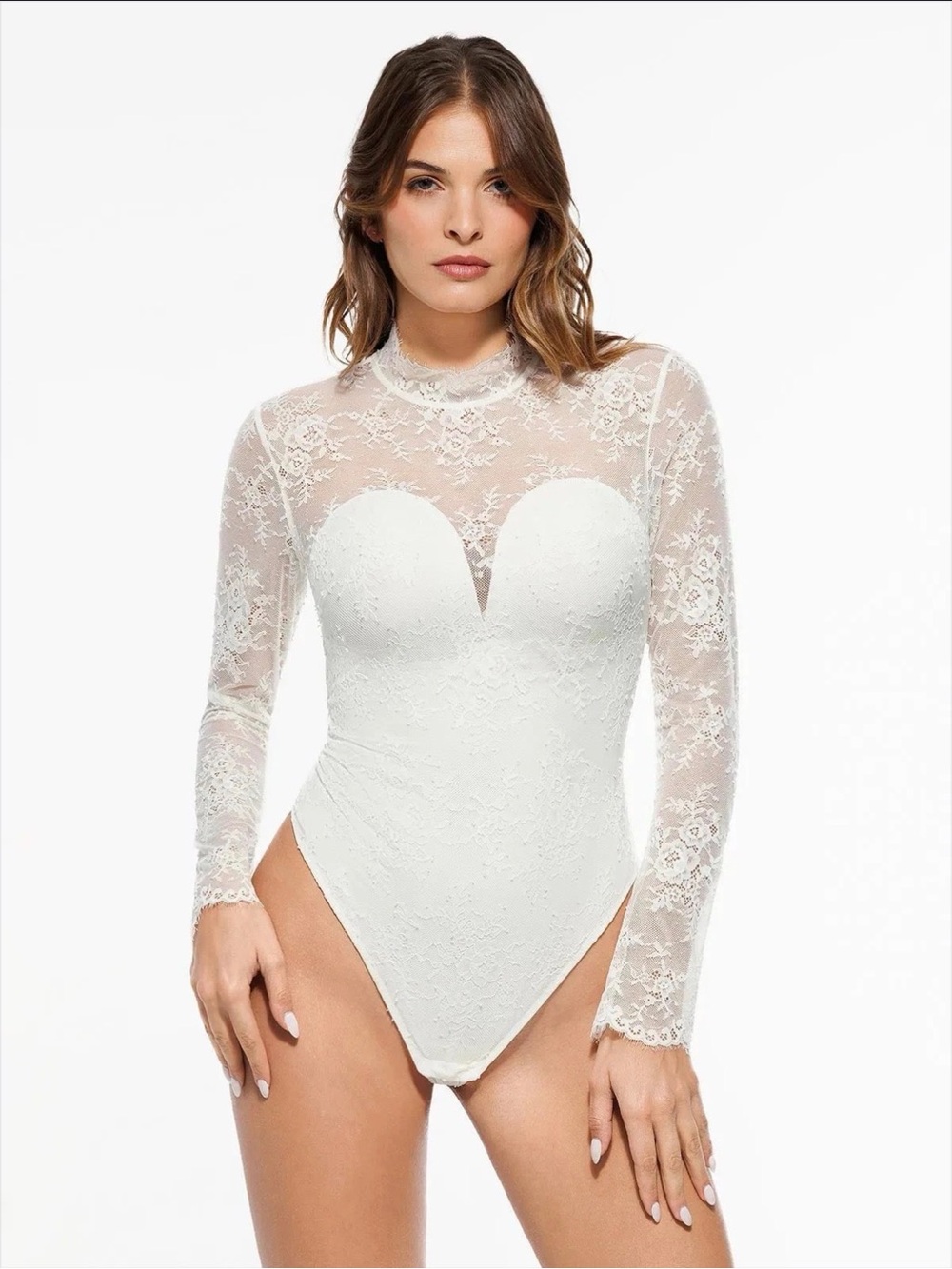 Popilush Shapewear Mock Neck Long Sleeve Floral Lace Bodysuit XXL NWT White